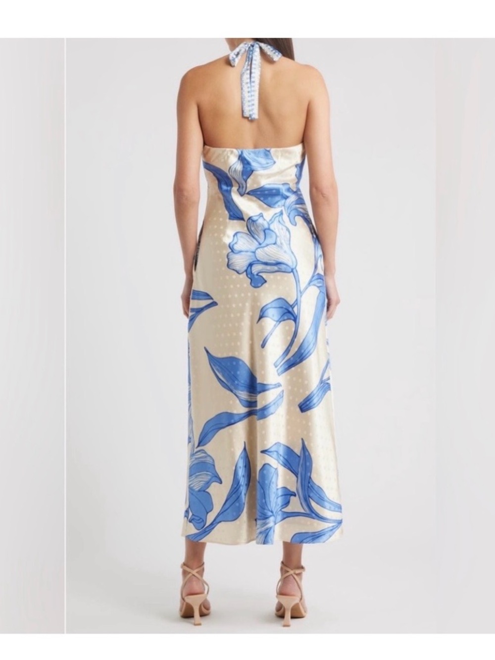 Cream Halter Dress with Blue Floral Print — Elegant Summer Maxi/Midi - Picture 2 of 5